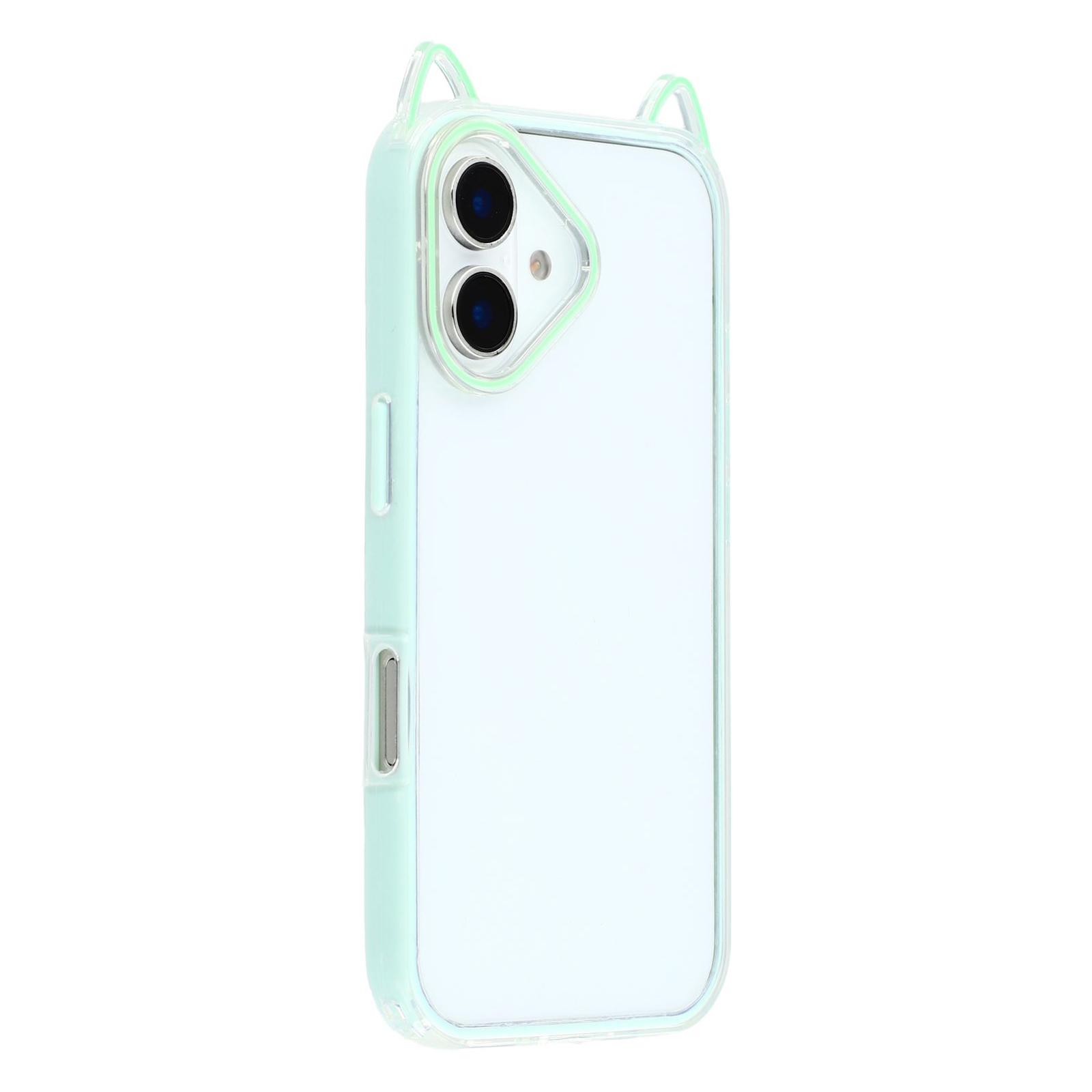 

For iPhone 16 Case Cat Ear Design TPU+Acrylic Clear Phone Back Cover Green