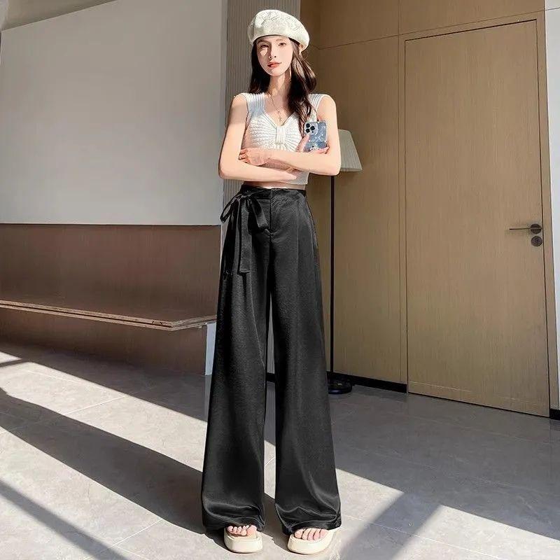 Women's Summer Acetate Satin Wide-Leg High-Waisted Pants with Tie-Up and Drape Design