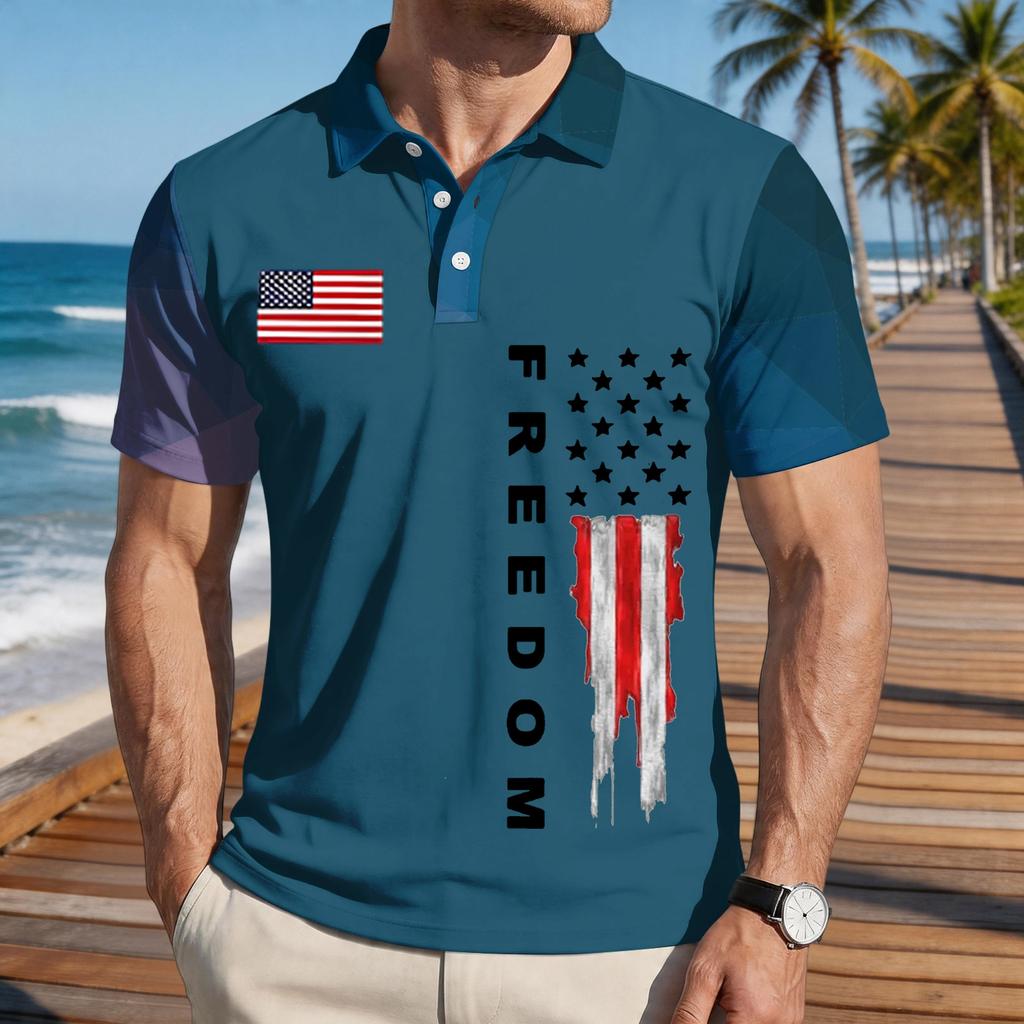 Men's Loose Fit Casual Polo Shirt Short Sleeve Button Down Collar Printed Graphic Tee with Flag Design and Freedom Text