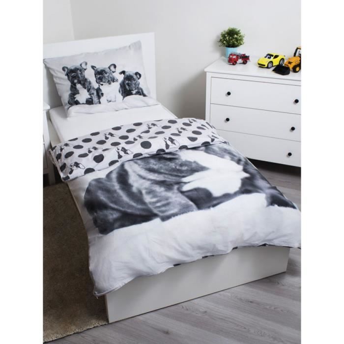 Ensemble de housse de couette - Bulldog français - 100% coton - Gris - 140x200 cm