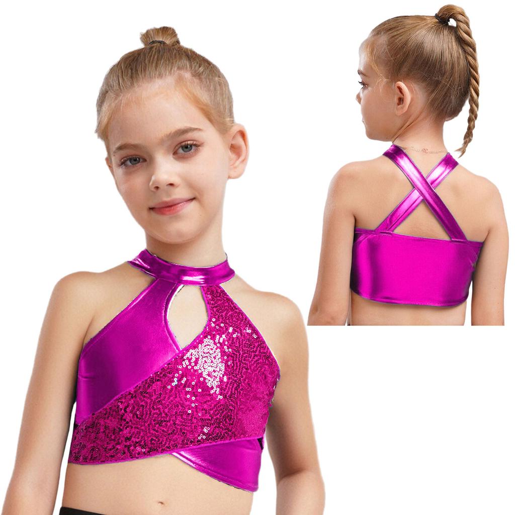 Kids Jazz Dance Wear Sparkly Sequins Metallic Crop Top Cross Keyhole Ballroom Costume
