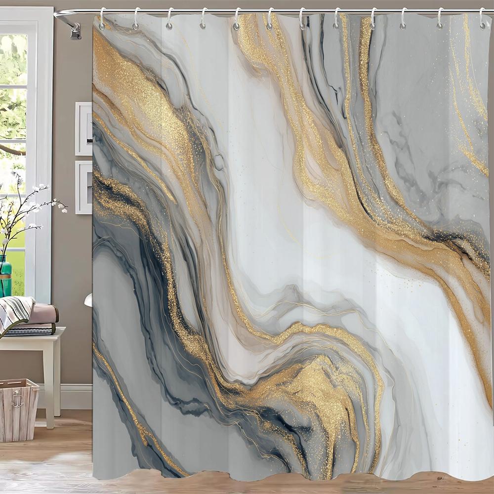 Abstract Marble Pattern Shower Curtain, Geometric Printed Bathroom Decorative Shower Curtain, Fabric Home Curtain with Hooks