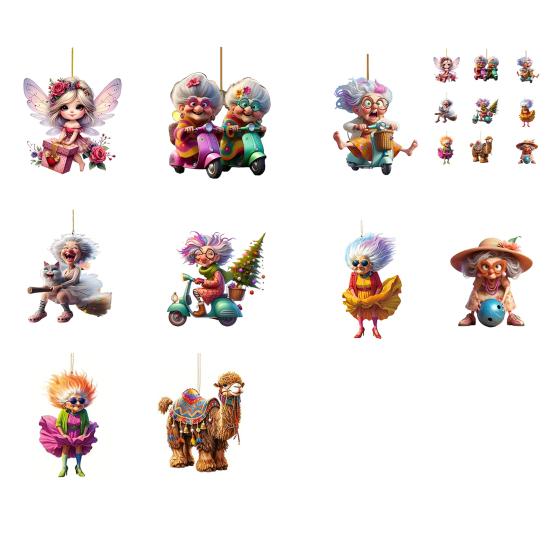 Akryl Bil Bakspeil Sjarm Fe Prinsesse/Gammel Dame Julepynt 2D Flat Auto Hengepynt til Juletre Bildekor