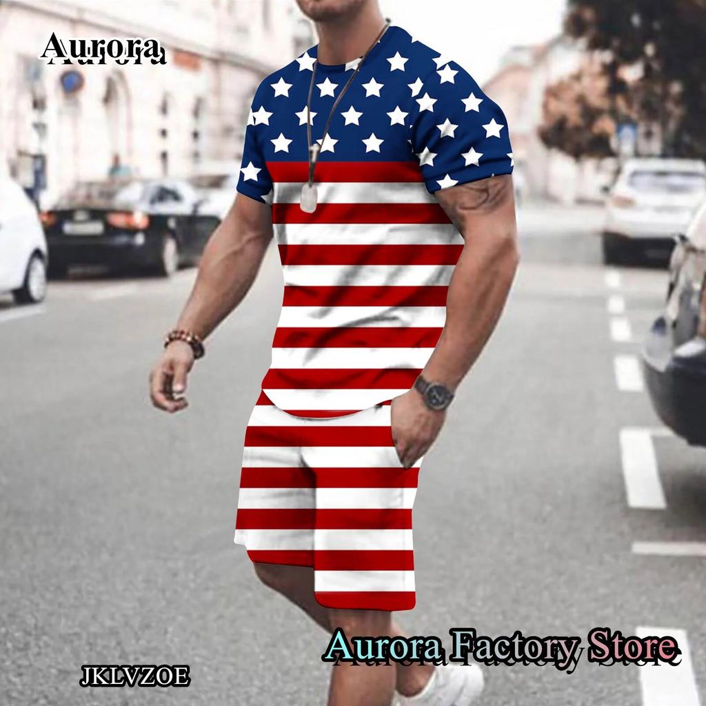 Men Summer Fashion Tracksuit 2 Pieces T-Shirt Shorts Casual Outfit Set Male 3D American Flag Printed  Clothing Oversized Suit
