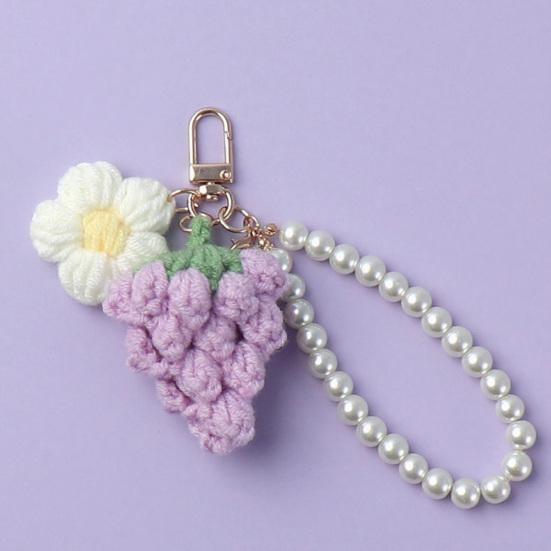Crochet Flower Keychain Handmade Flower Fruit Bag Charm Cute Keychain Pendant with Faux Pearl Chain Accessory for Girls Women Keys Backpack