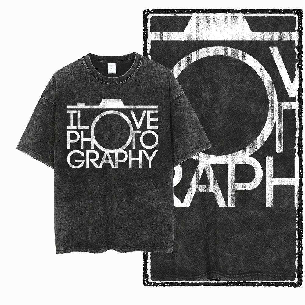 2026 Hot Sale Washed Distressed Men Women Photographer T-Shirt Photography Black Cotton Camera Lover Graphic Print Cotton Tee Shirt Short Sleeve Top