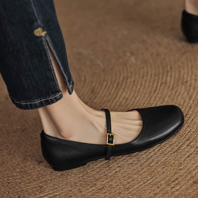 Krazing Pot Kuhleder Mode Frühling Herbst Schönheit Flach mit Damen Square Toe Schuhe Mary Janes Flache Ballerinas