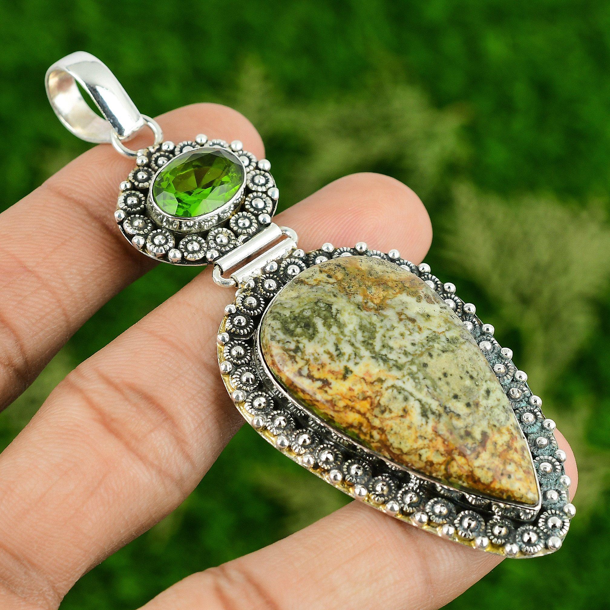 

Серебро 925 пробы Полихромная яшма Драгоценный камень Перидот Арт-деко Кулон для матери на свадьбу