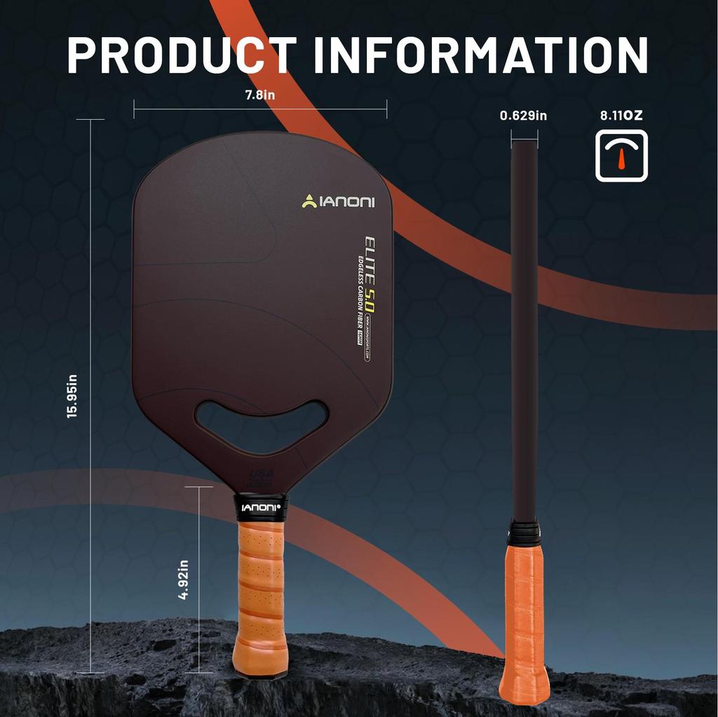 IANONI SPORTS ELITE5.0 Randloses Pickleball-Schläger 16 mm Dicke Zugelassen für Erwachsene Kohlefaser Pickleball-Schläger