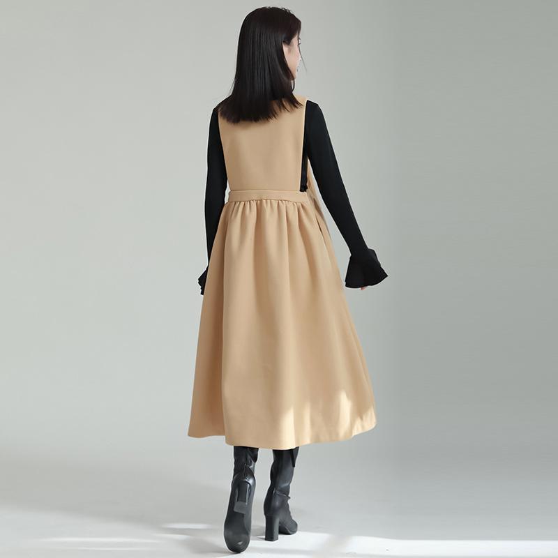 2025 Autumn/Winter Wool A-Line Dress with Bow Detail - Loose Fit & Slimming Suspender Skirt