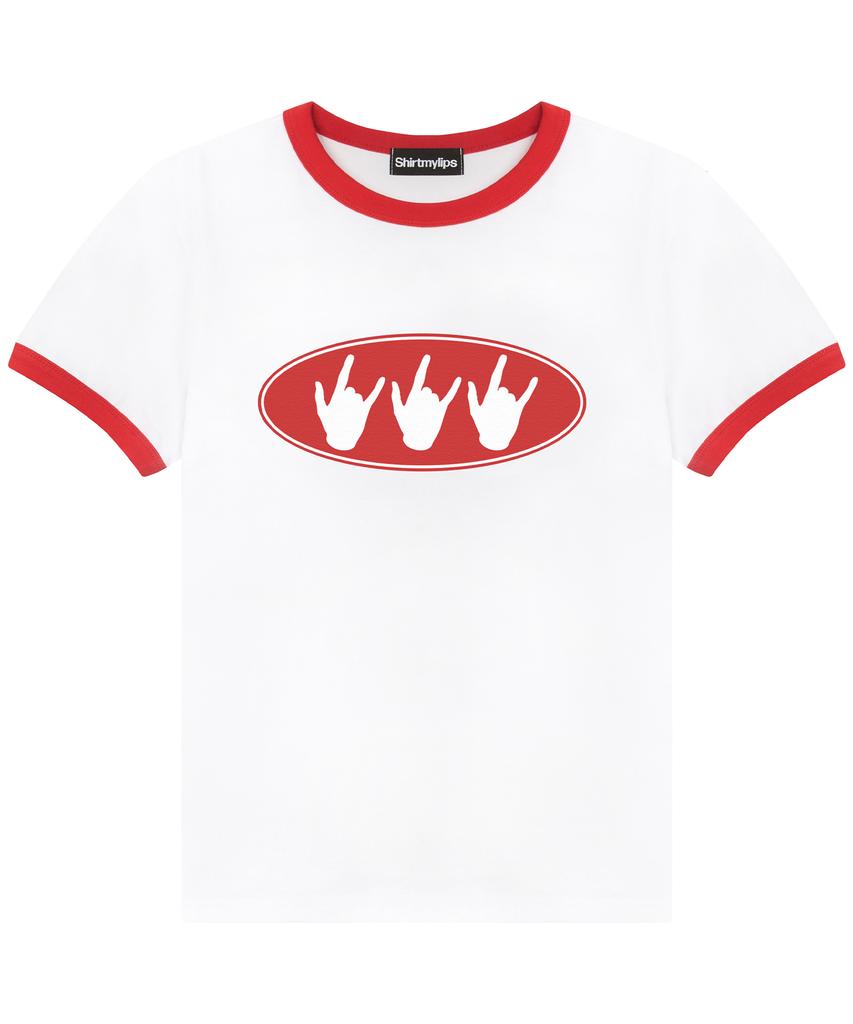 SHIRTMYLIPS Small Triple Rock 'N' Roll Ringer T-Shirt White