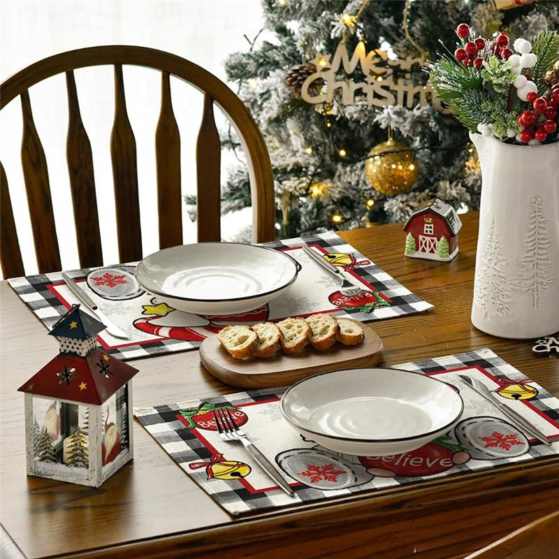 2025 Trend 4PCS Xmas Trees Snow Pink Christmas Placemats Winter Table Mats For Kitchen Dining Decoration