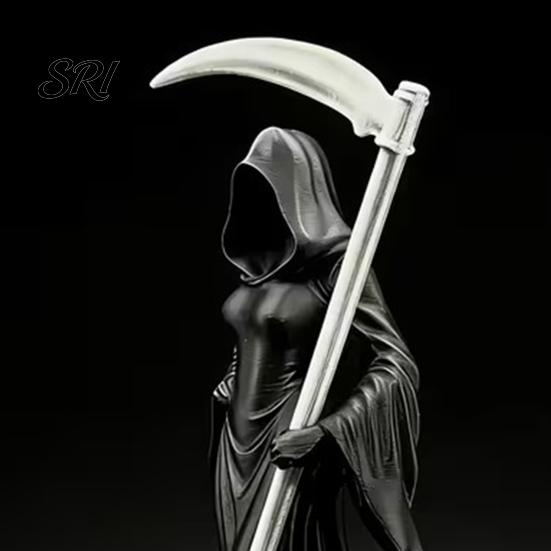 Compact Gothic Collectible Female Grim Reaper Statue with Sickle 3D Printed Black Robe Dark Queen Figurine Mysterious Sculpture for Home Office