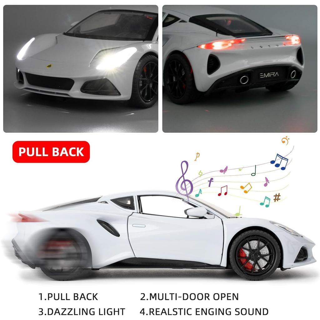 Lotus Emira Modellauto im Maßstab 1/24, Spielzeugauto mit Rückziehfunktion aus Zinklegierung mit Ton und Licht als Geschenk für Kinder, Jungen und Mädchen