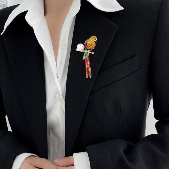 Parrot Brooch Rhinestone Faux Pearl Decor Perching Bird Shape Colorful Long Tail Anti-rust Colorfast Collar Sweater