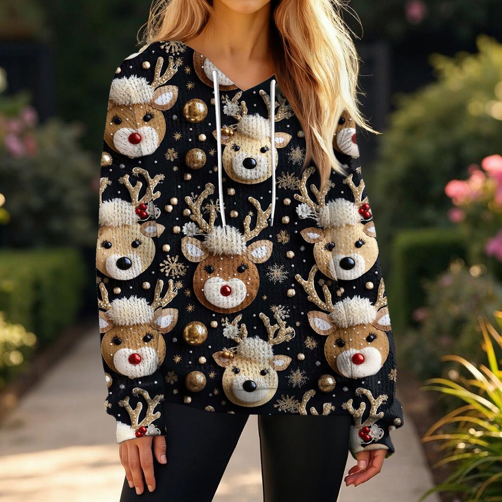 Women's Fashion Casual Christmas Print Pullover Long-Sleeve Hooded Sweatshirt