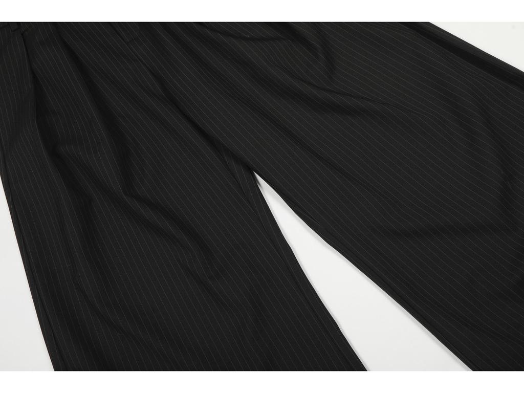 Lu Sheng Unisex Black Striped Wide-Leg Trousers with 3D Slimming, American Style, Drape Silhouette