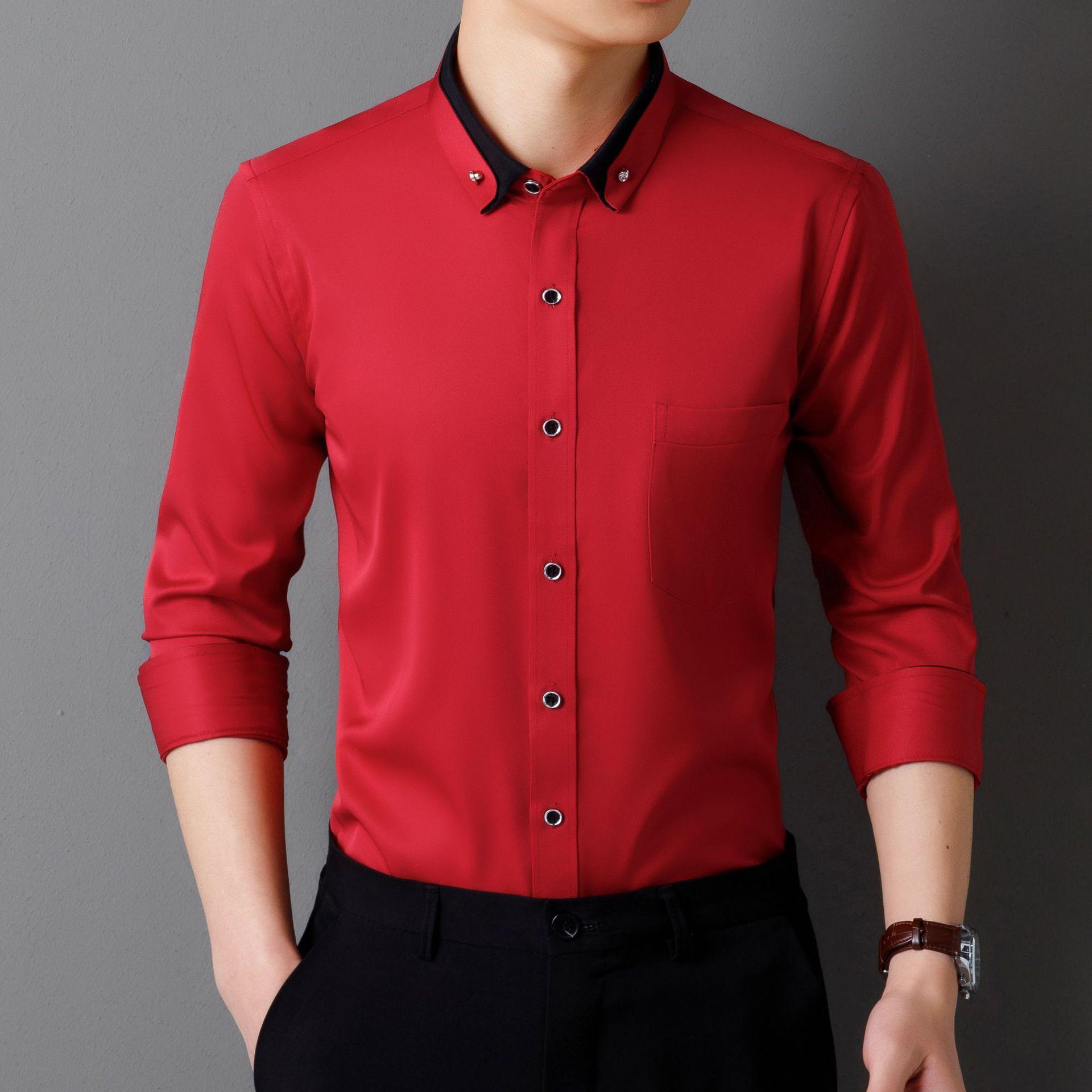 

Рубашки для бизнеса с длинным рукавом, не требующие глажки, с эластичными пуговицами-бриллиантами, мужские повседневные рубашки 5XL