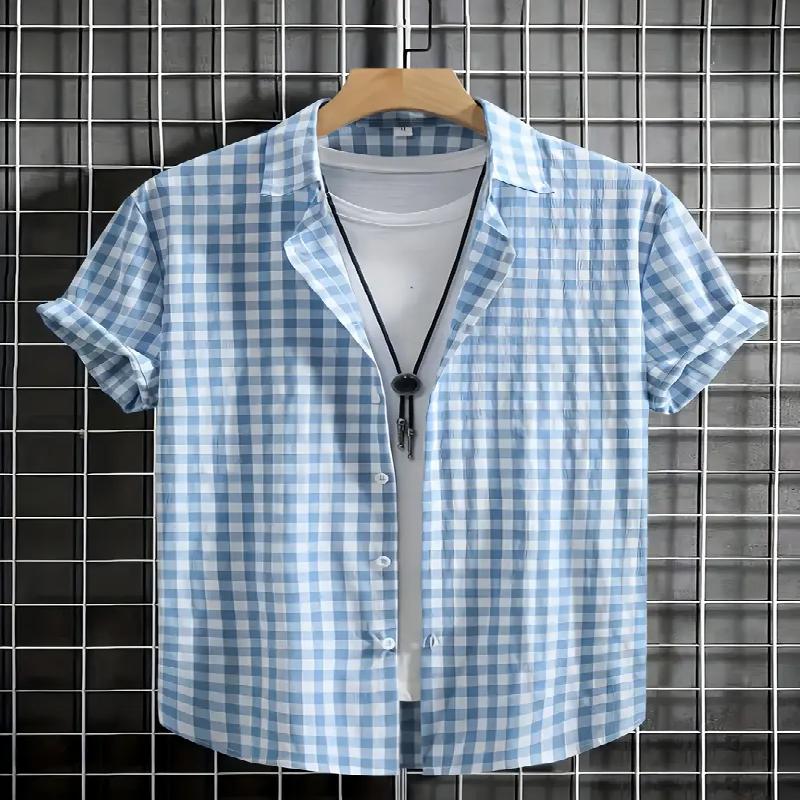 

Мужская дышащая повседневная рубашка с короткими рукавами, принтом в 3D-цифре, с черно-белой клетчатой летней заостренной пуговицей и нагрудным карманом 5XL небесно-голубой