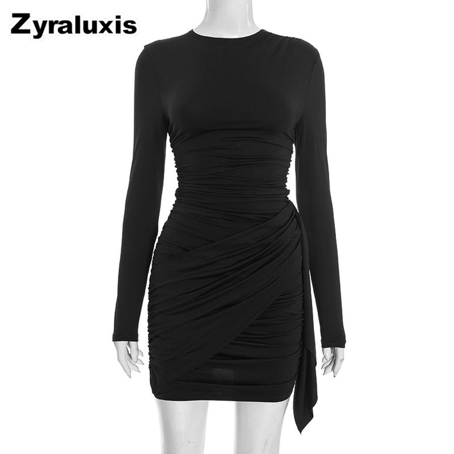 Women's Autumn Winter New Solid Ruffled Ribbon Long Sleeve Bodycon Fit Elegant Mini Dress