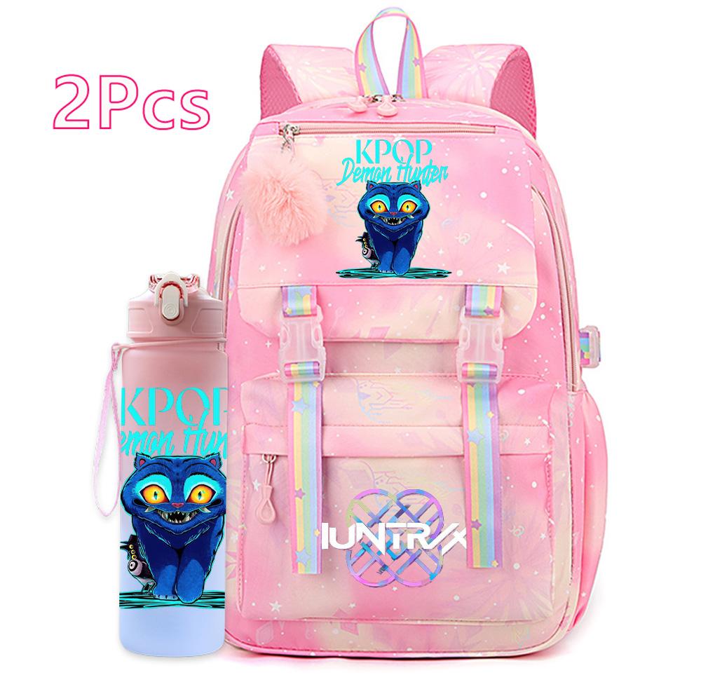 2Pcs/set Anime K-pop Printed Backpack with 750Ml Water Bottler Large Capacity Travel Bag for Teenager Girl Boy Bookbag Kid Gift Large Capacity Bag
