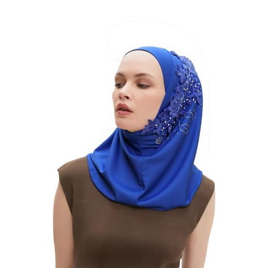 Women Solid Color Lace Rhinestone Muslim Hijab Wrap Islamic Scarf Cap Head Cover