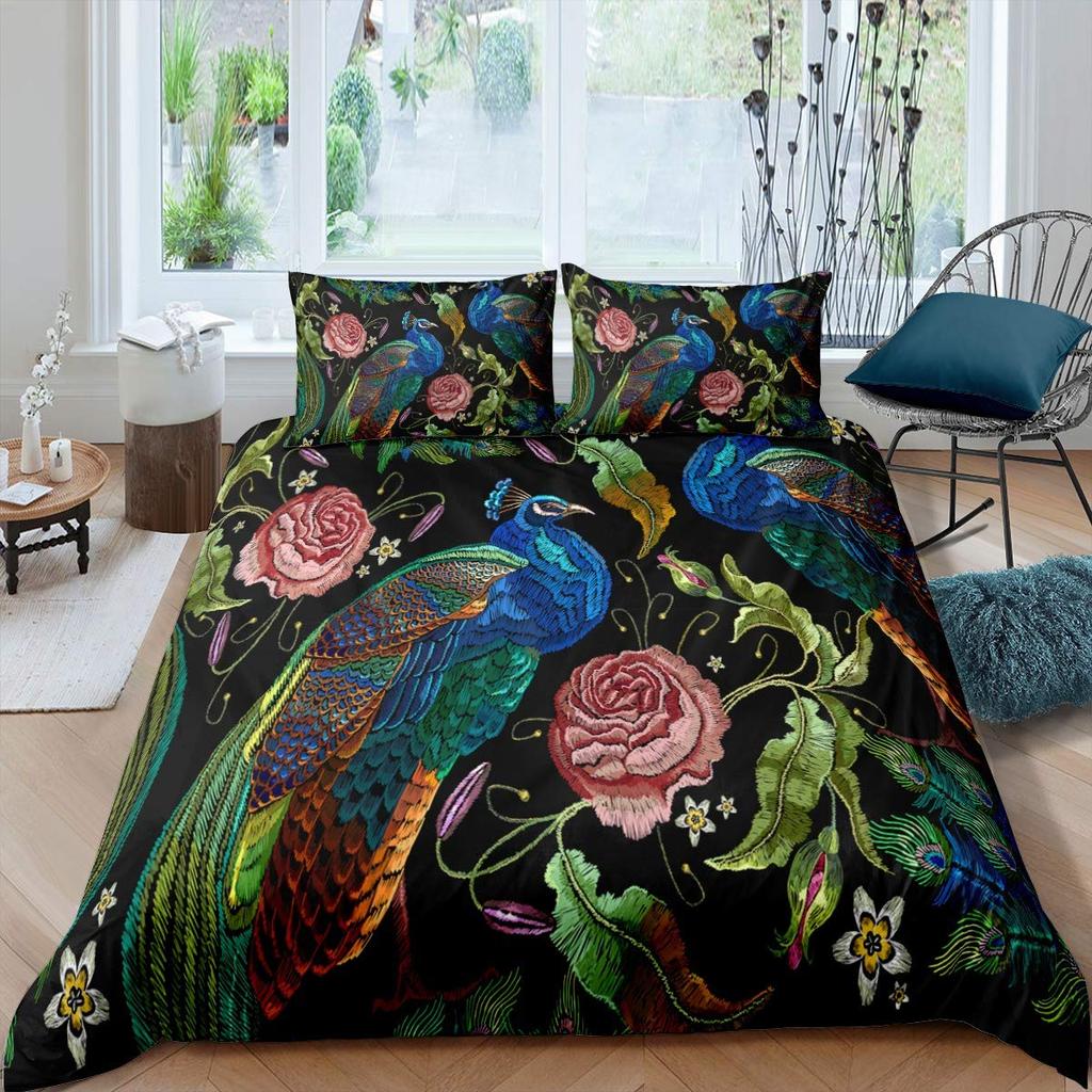 Peacock Duvet Cover Set Simple Peacock Feathers Pattern Queen Comforter Cover Girls Women 3 Piece Bedding Sets Bedroom Decor