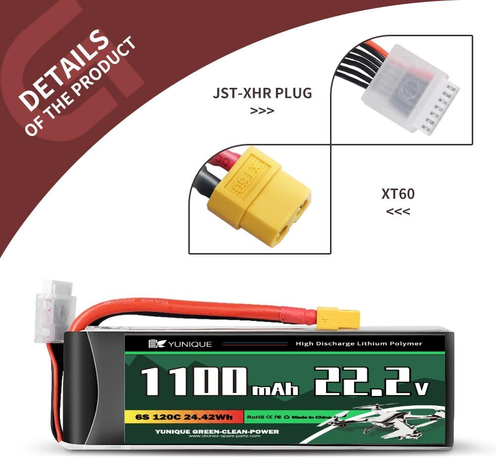 Lipo Battery 6S 22.2V 1100mAh 120C with XT60 Connector – High Power for RC Models – Soft Case, Silicone Wire