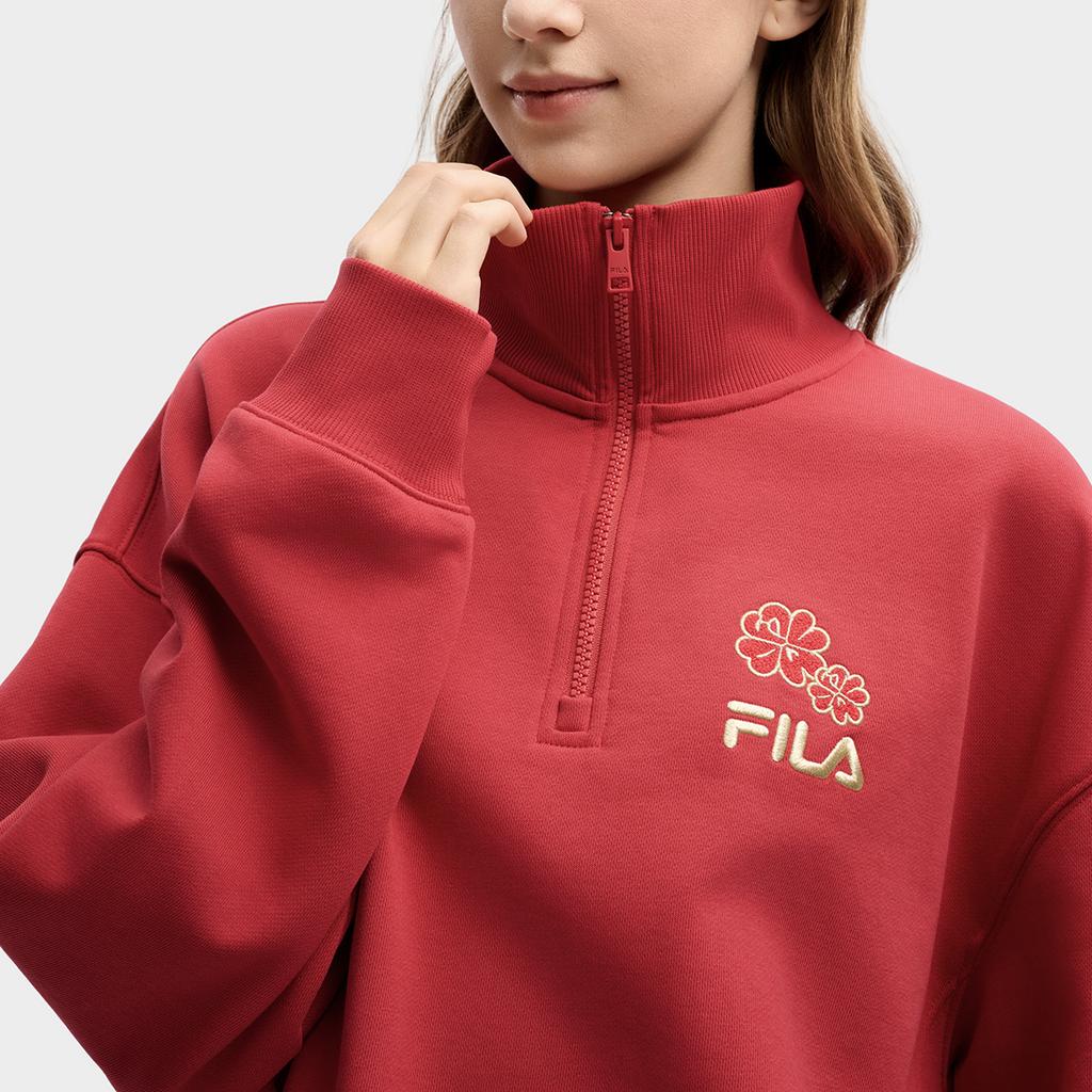 Fila Original Peony Half-Zip Classic Vintage Minimalist Casual Comfortable Versatile Sweatshirt Unisex Sweatshirt Red F51U619204FRD