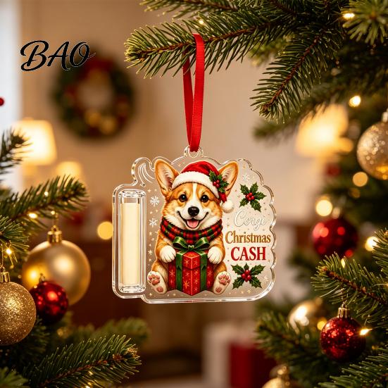 Clear Acrylic Money Clip Christmas Cash Gift Holder Ornament, Cute Dog for Kids Gift, Xmas Tree Hanging Decoration Holiday Party Supplies Box