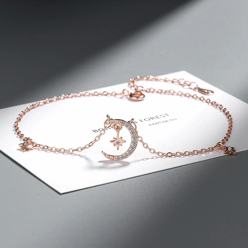 Ins Simple Design  Sterling Silver Star Moon Anklets Bracelet for Women  Star Tassel CZ Zircon Chian Fashion