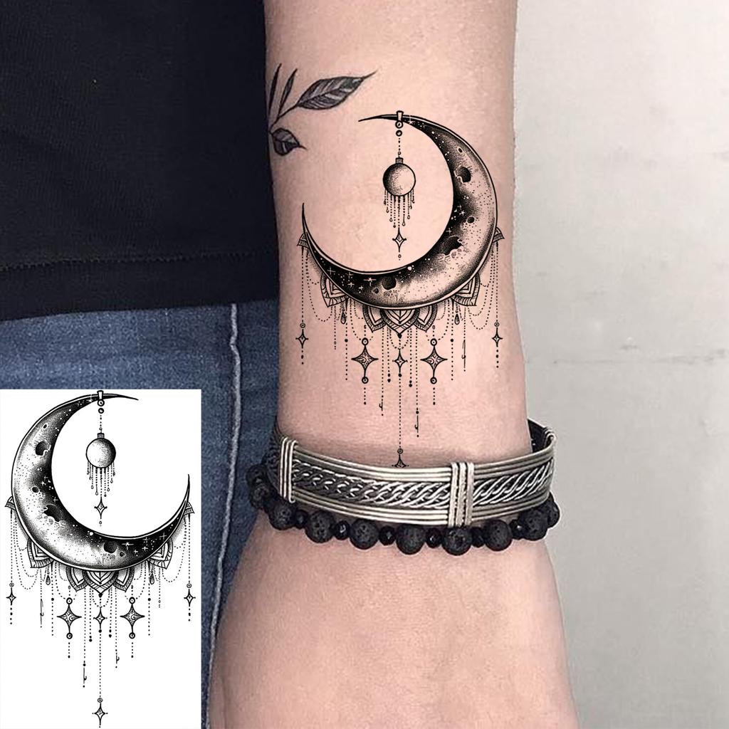 1 Sheet Crescent Sun Chain Temporary Tattoos For Women Hands Neck, Fake Tattoo Stickers Waterproof Long Lasting Realistic Tatoos