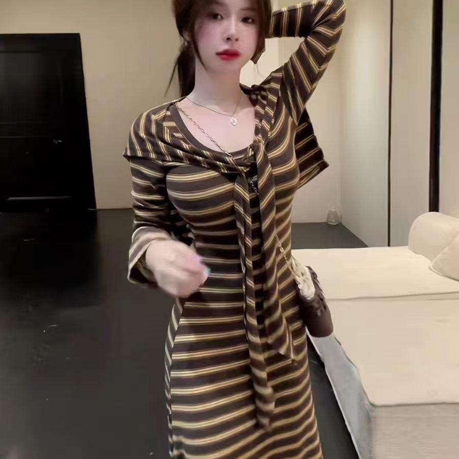 

Autumn new Korean version temperament slim and thin striped long-sleeved dress women s hip T-shirt long dress foreign style XXL