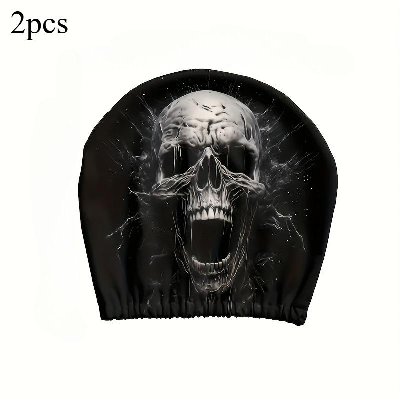 

2pcs Skull Print Car Headrest Pillow Covers Durable Adjustable Fit for Most Vehicles Car Accessories Interior Stretchable Cover