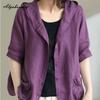 Korean Fashion Summer Women Oversized Cardigan Hooded Coffee Purple Cotton Linen Casual Loose Blouse Plus Size Vintage Ladies Thin Coat