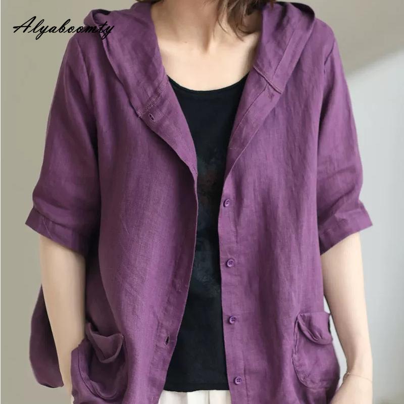Korean Fashion Summer Women Oversized Cardigan Hooded Coffee Purple Cotton Linen Casual Loose Blouse Plus Size Vintage Ladies Thin Coat