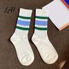 Unisex Mid Calf Socks Mid-calf Sports Socks Cotton Contrast Striped Crew Moisture Versatile Color Wicking Athletic for Autumn And Winter Daily