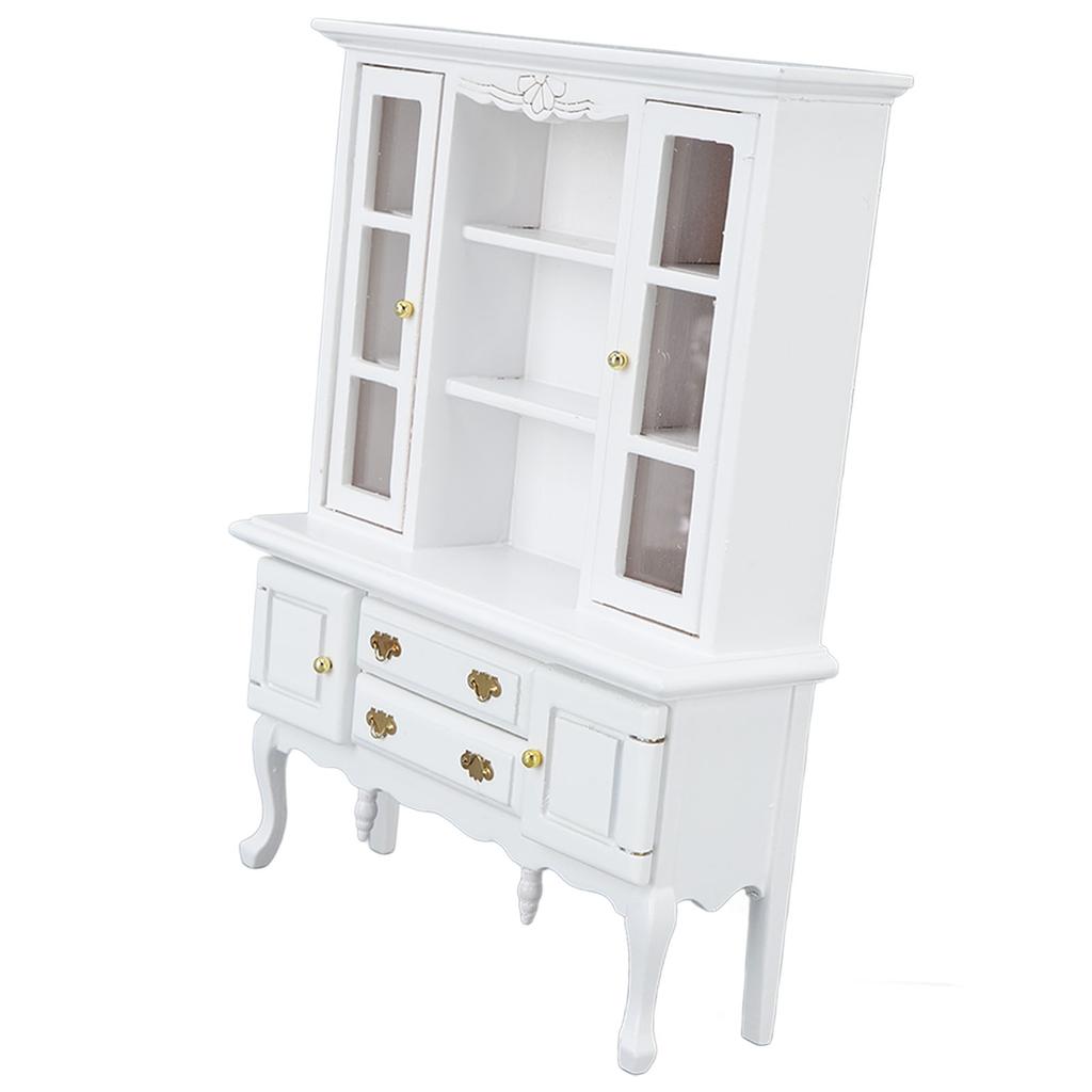 Miniature Cabinet Wooden 1/12 Scale Dollhouse Bookcase Cupboard with Openable Door Drawer for Room White