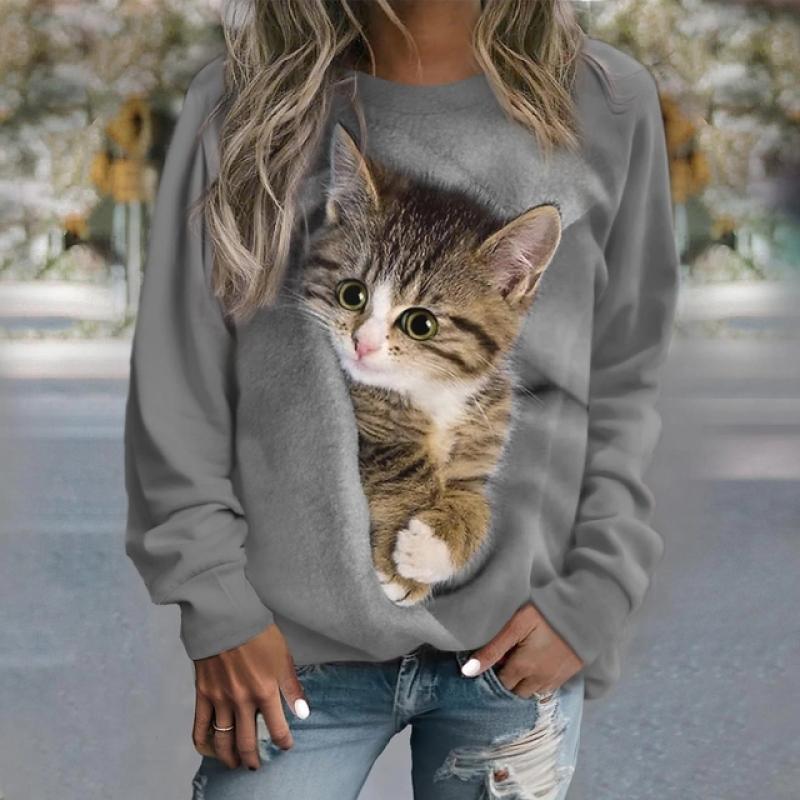 Women's Sweater Pullover T-Shirt Fashion Kitten Print Long Sleeve T Shirt Girls Street Casual Ladies Clothes O-Neck Sweatershirt