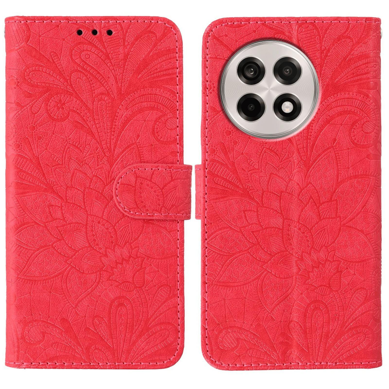 

For OnePlus Ace 5 5G/Ace 5 Pro 5G/13R 5G Case Lace Flowers PU Leather Flip Wallet Phone Cover with Wrist Strap Red