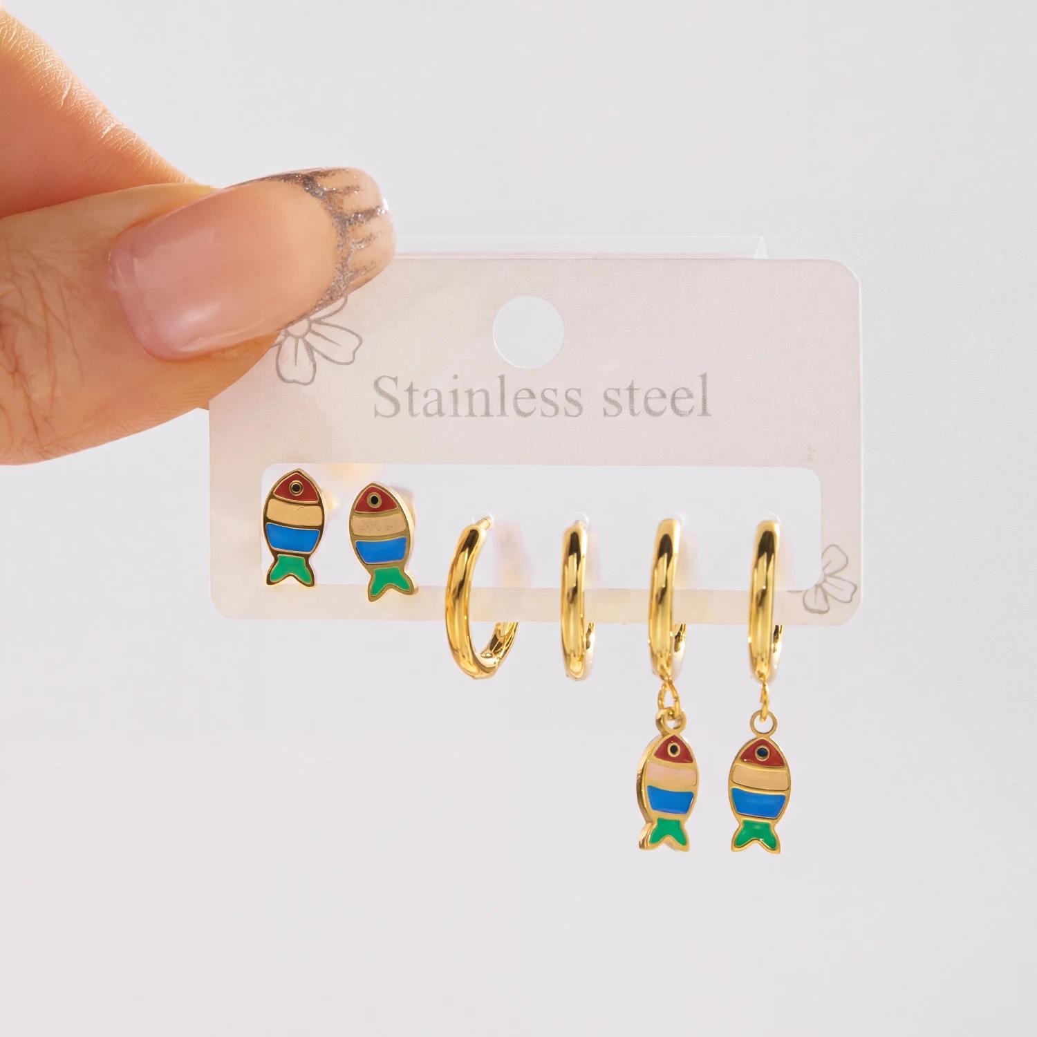 

6Pcs Small Colorful Enamel Fish Hoop Earrings Set For Women Cute Gold Color Studs Hypoallergenic Summer Beach Jewelry