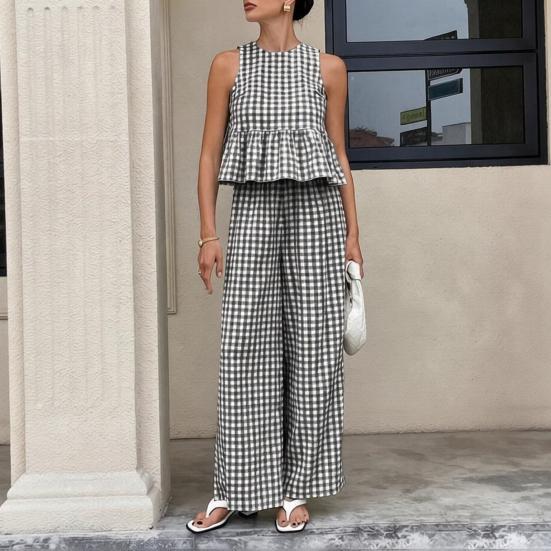Damen Trägertop Hose Zweiteiliges Set Sommer Kariert Ärmellos Rüschen T-Shirt Weite Hosen Locker Lässig O-Ausschnitt Shirt Elastischer Bund