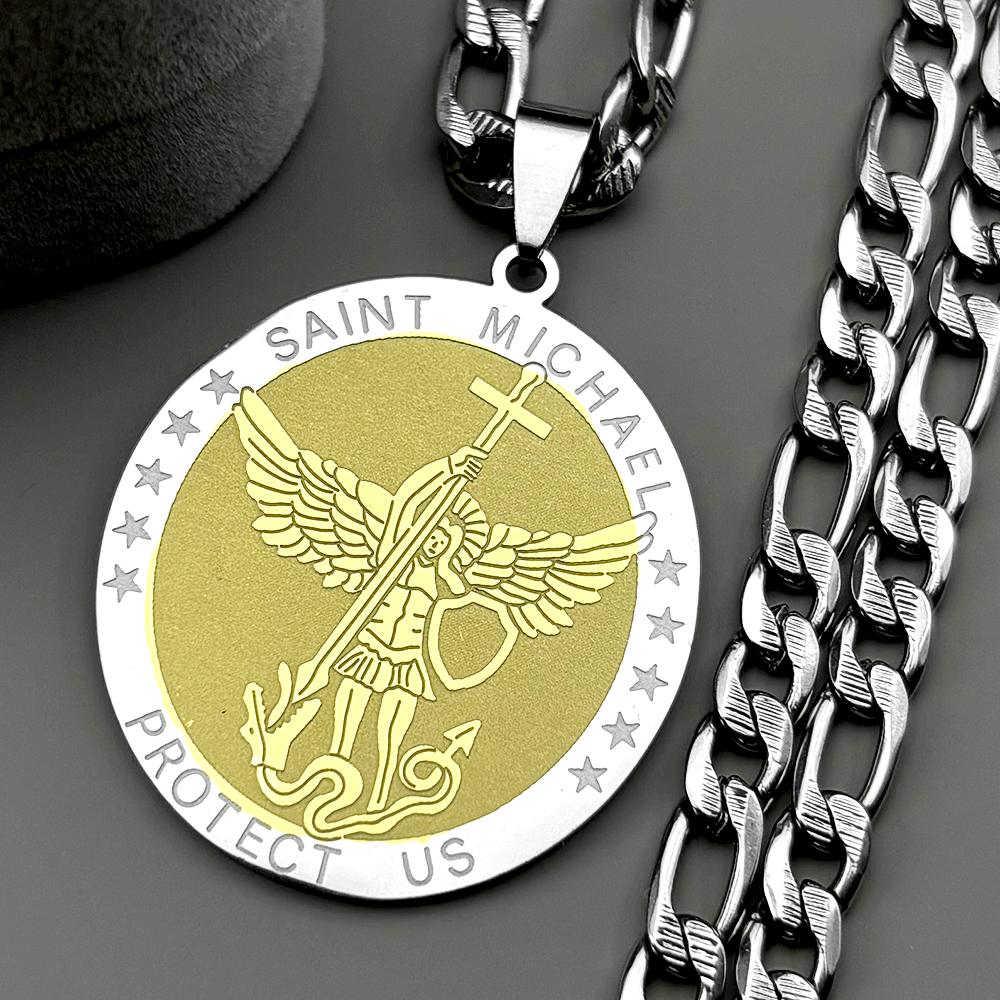 Archangel SAINT MICHAEL PROTECT US Round Pendant Necklace for Women Men Stainless Steel Gold Color Chtistian Chain Jewelry Gift