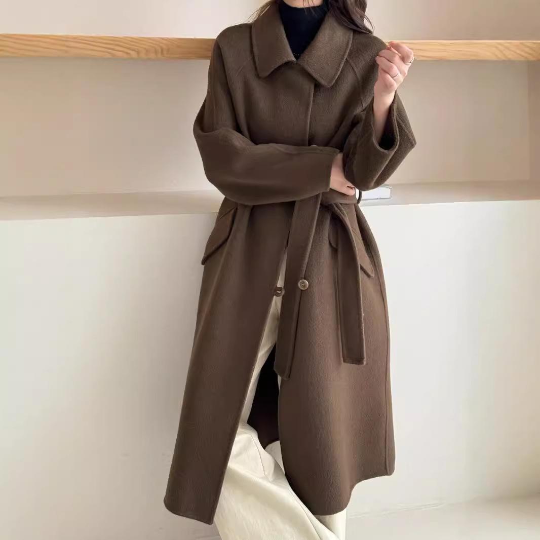 

Однобортное двухстороннее шерстяное пальто с воротником «бэби-долл» для женщин, длинное, с застежкой на пуговицы, с открытыми плечами, рукава из двухстороннего кашемира плюс M