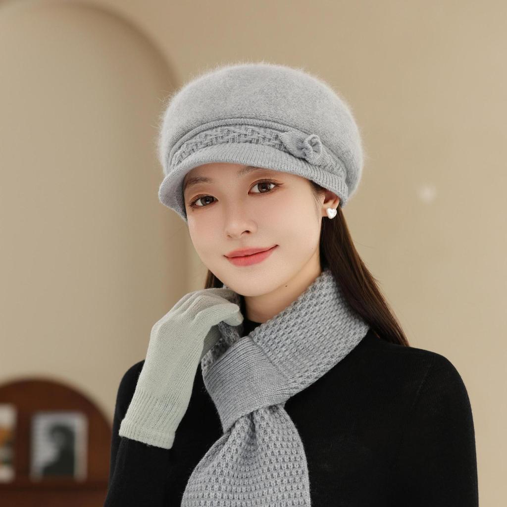 Rabbit Fur Peaked Hat Women's Winter Windproof New Thickened Ear Protection Mother's Hat Outdoor Warm Knitted Hat Scarf