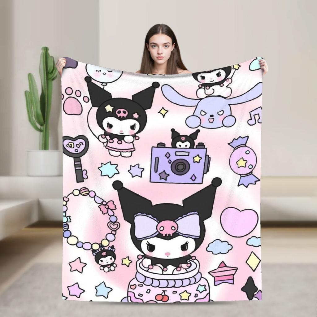 Purple Kuromi Blankets Kawaii Cartoon Wool Awesome Breathable Throw Blankets for Bedspread Autumn/Winter