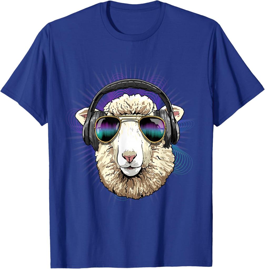 Music Sheep DJ Graphic Tee Cool Animals Headphone Rave T-Shirt Men Trip