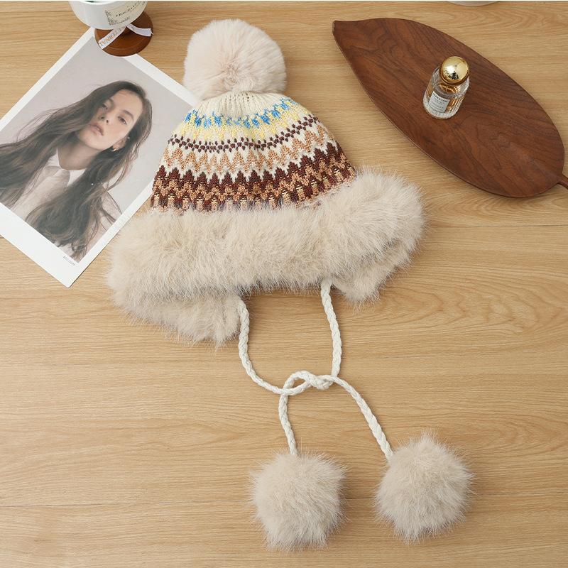 

Зимняя шапка в стиле Фэр-Айл большого размера с меховой отделкой, шерстяная, для улицы, ветрозащитная, с защитой ушей, корейского стиля, универсальная шапка-пуловер One Size