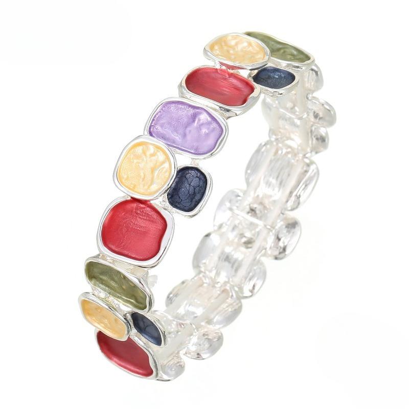 Color Painting Oil Geometric Square Alloy Bracelet, Women's Fashion High-end Elastic Rope Bracelet