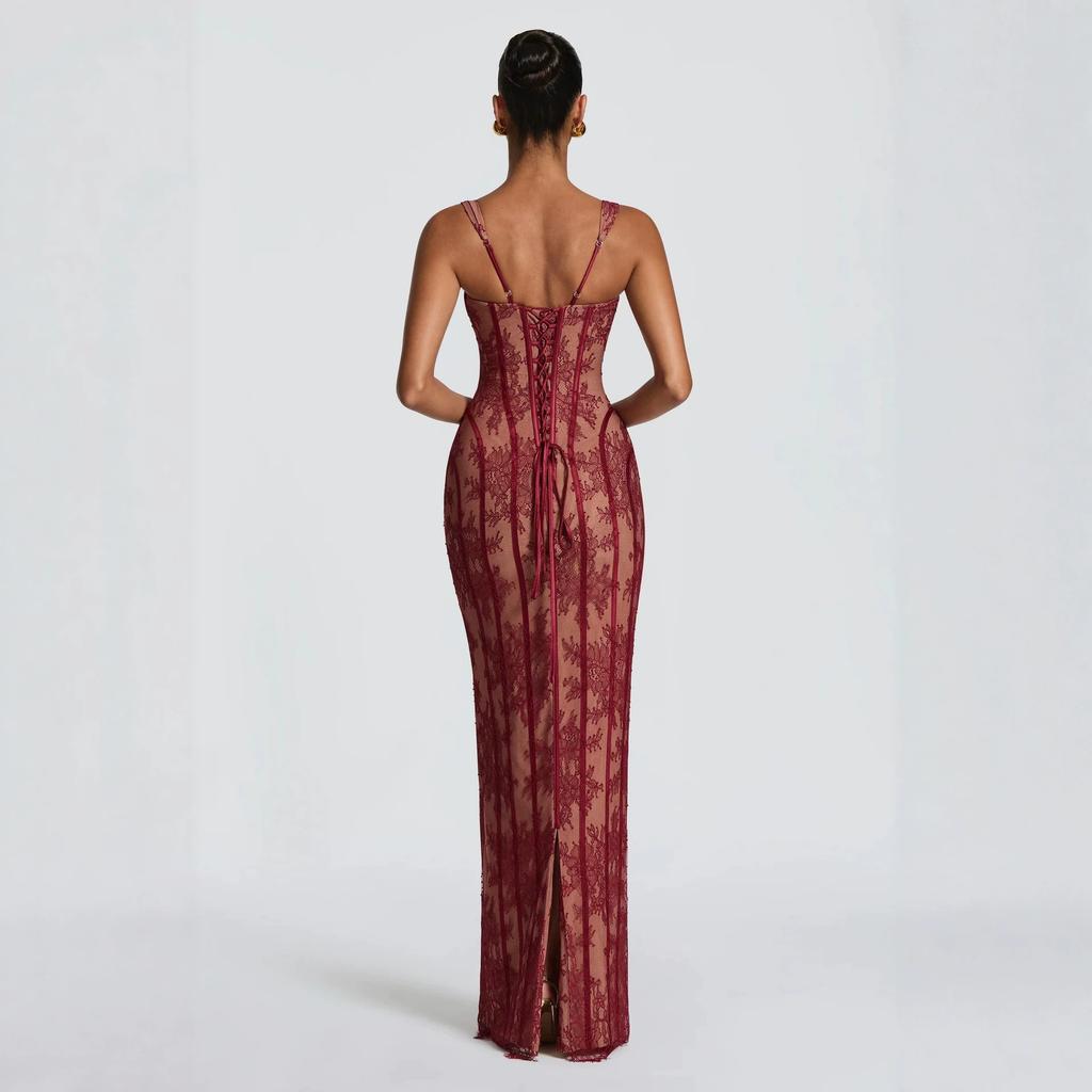 European and American Women's Clothing Fashion Lace Fish Bone Suspender Long Dress Waist Evening Dress Strap Hip Tube Top Dress